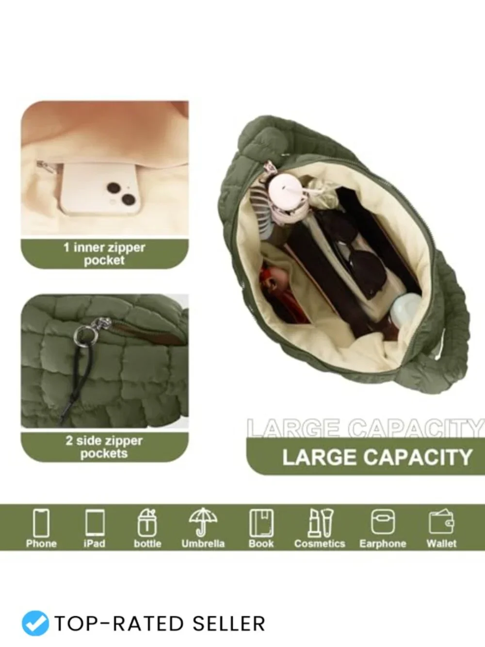 Quilted Puffer Tote Bag - Lightweight Nylon Crossbody Shoulder Hobo
